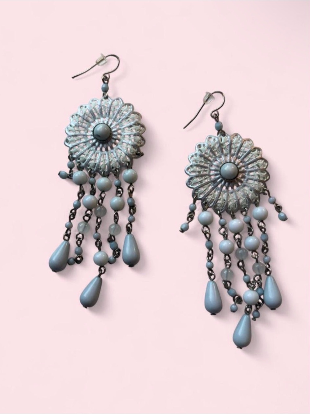 Vintage Light Blue Beaded Western Boho Dangle Earrings